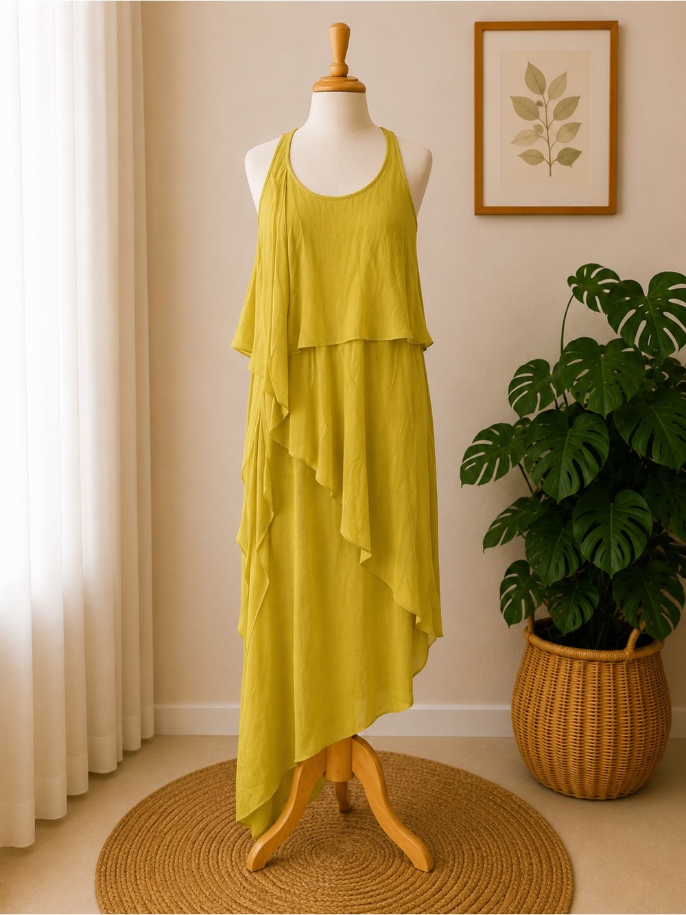 BCBG Max Azria Reese Chartreuse Asymmetrical Ruffle Dress